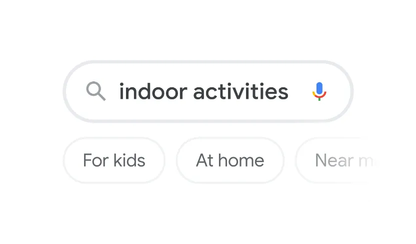 Search bar illlustration with the query "indoor activities" with topic filters below